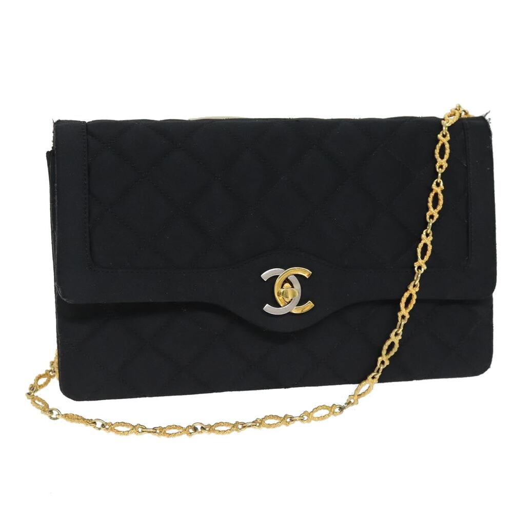 CHANEL Matelasse Chain Shoulder Bag Satin Paris Limited Black CC